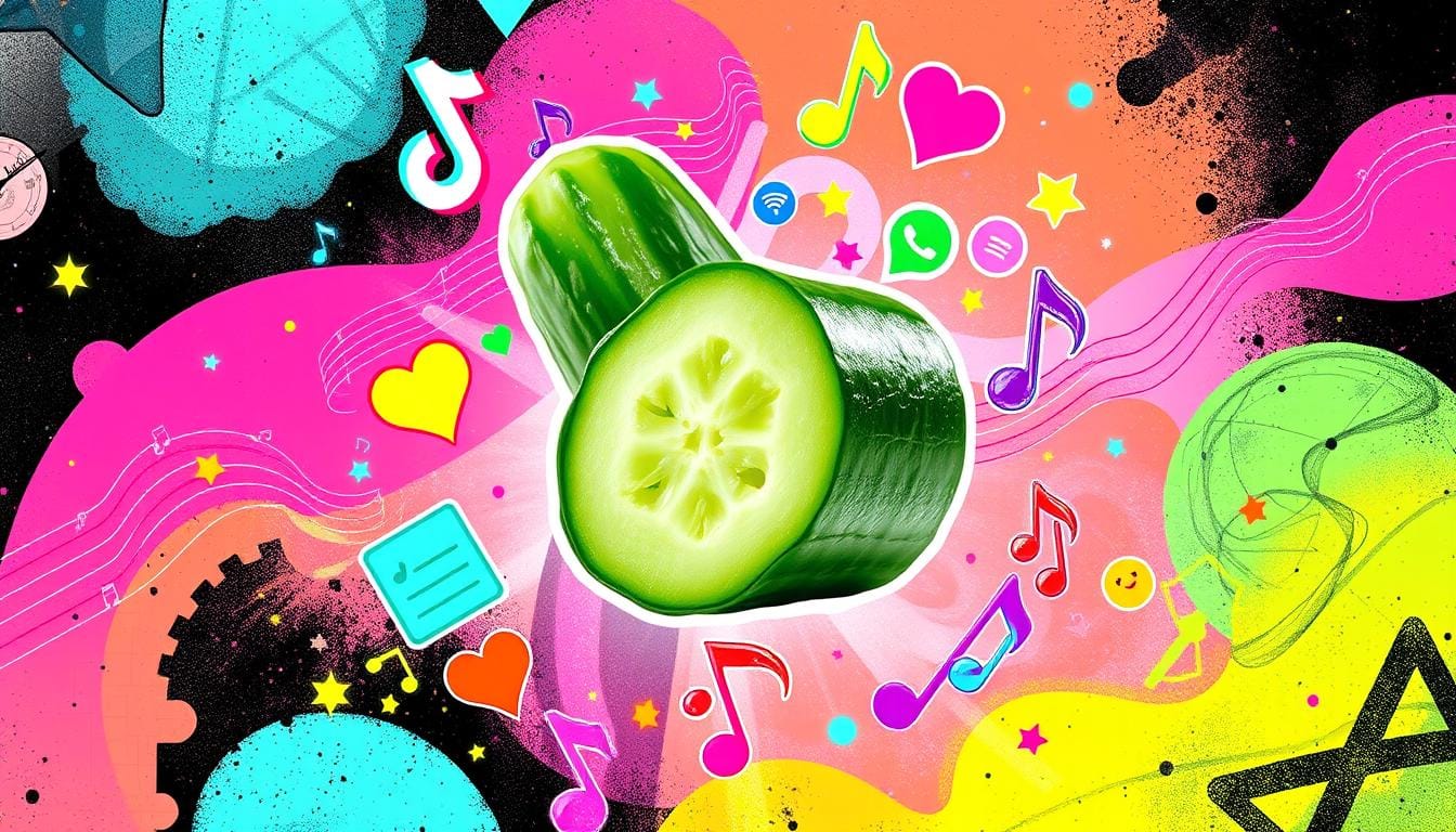 A colorful cucumber salad inspired by the TikTok cucumber trend, garnished with sesame seeds and scallions, served on a rustic wooden table. Title: Vibrant Cucumber Salad from the TikTok Trend