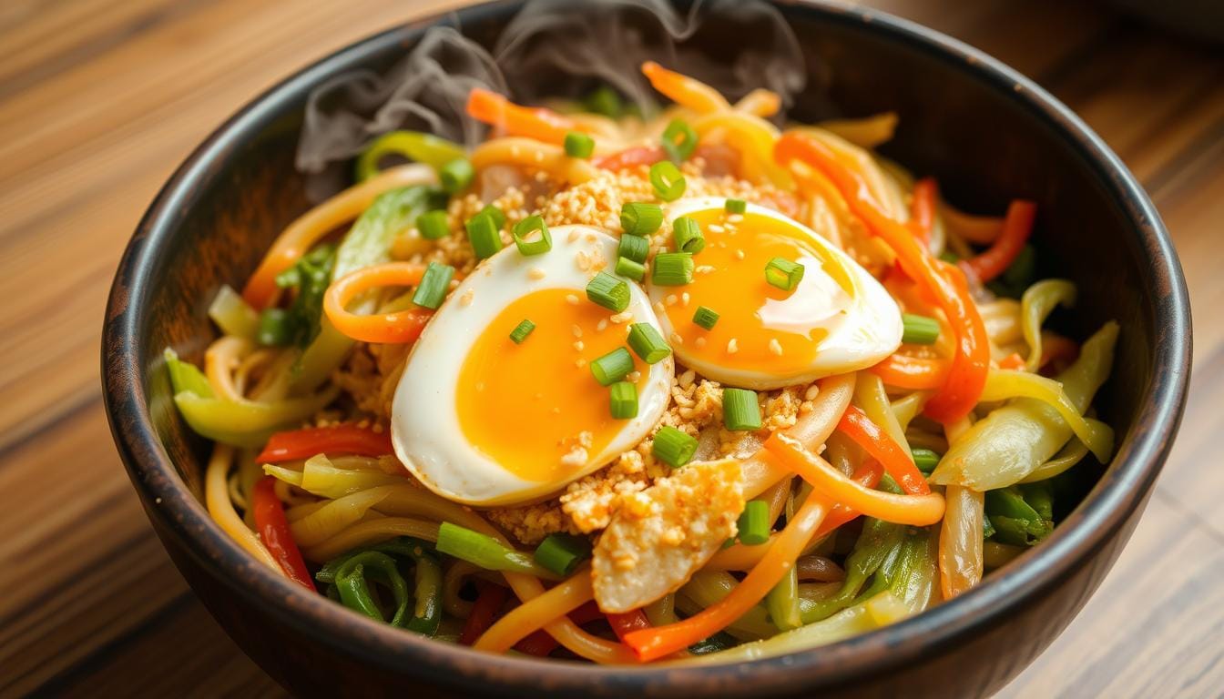 A freshly prepared cabbage and egg stir-fry served in a white dish, garnished with herbs