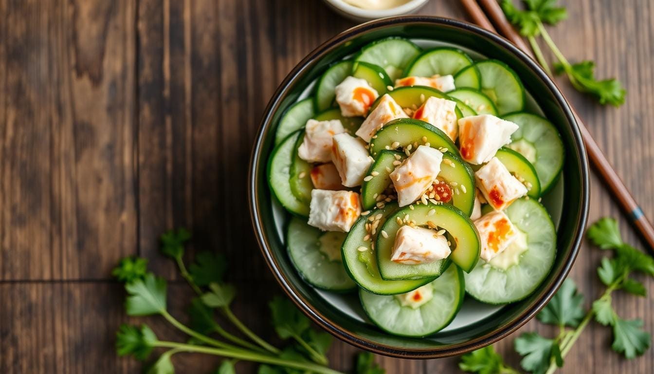 A vibrant bowl of California Roll Cucumber Salad featuring fresh cucumber slices, imitation crab, avocado chunks, sesame seeds, and nori strips, drizzled with a creamy dressing.