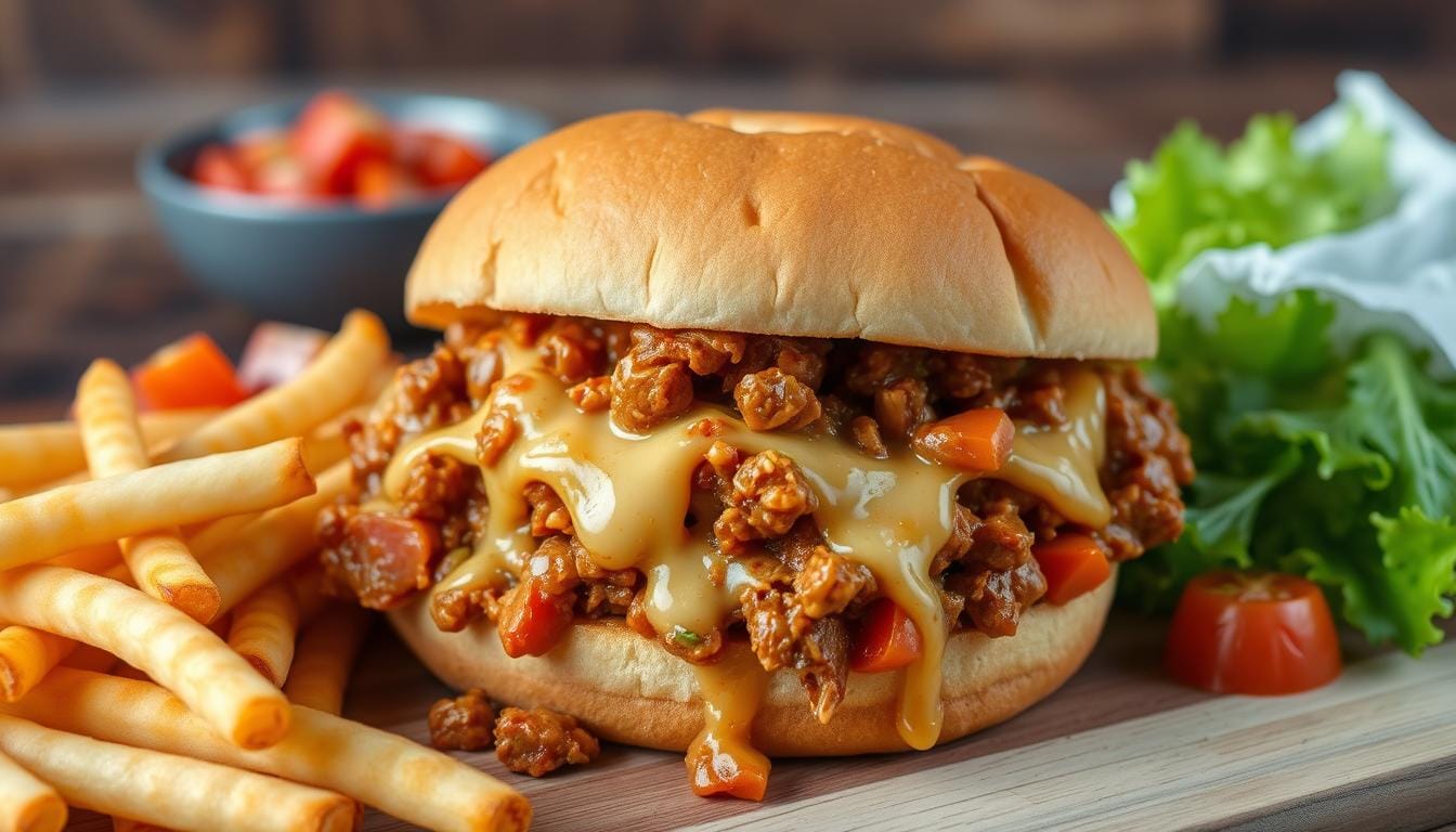 A close-up of cheesy chicken sloppy joe sandwiches with melted cheese oozing over ground chicken, served on toasted buns with a garnish of parsley.