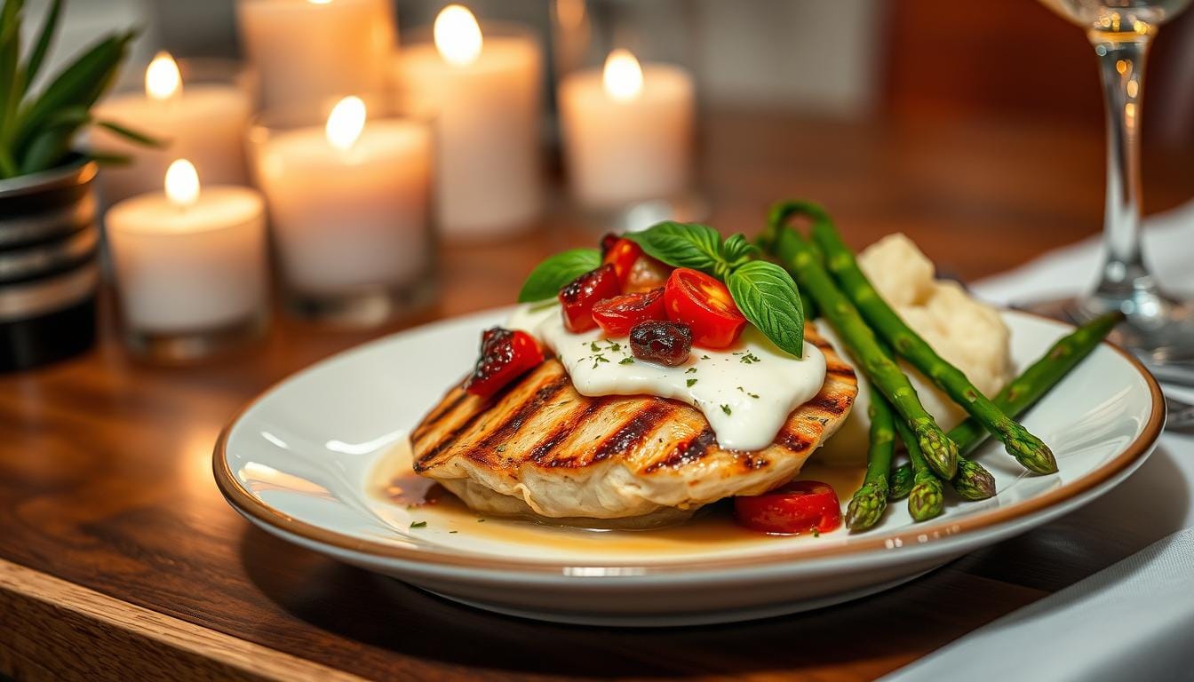 Grilled chicken breasts on a Blackstone griddle with colorful vegetables.