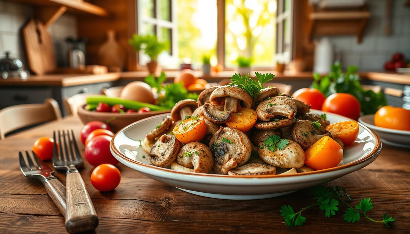 Freshly cooked Chicken of the Woods mushrooms served on a rustic plate with herbs and lemon slices.