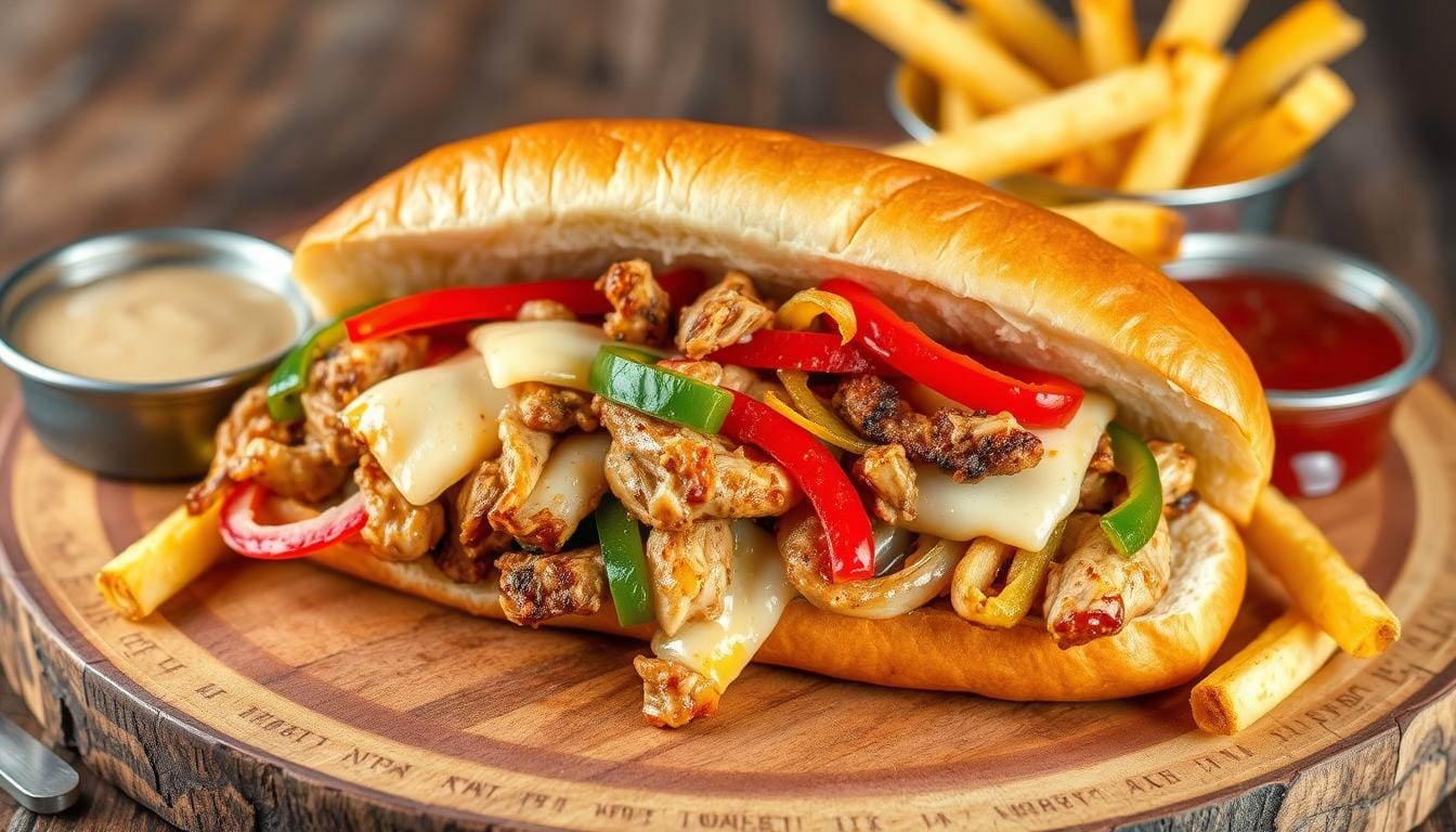 Chicken Philly Cheesesteak with sautéed peppers and onions on a toasted hoagie roll.