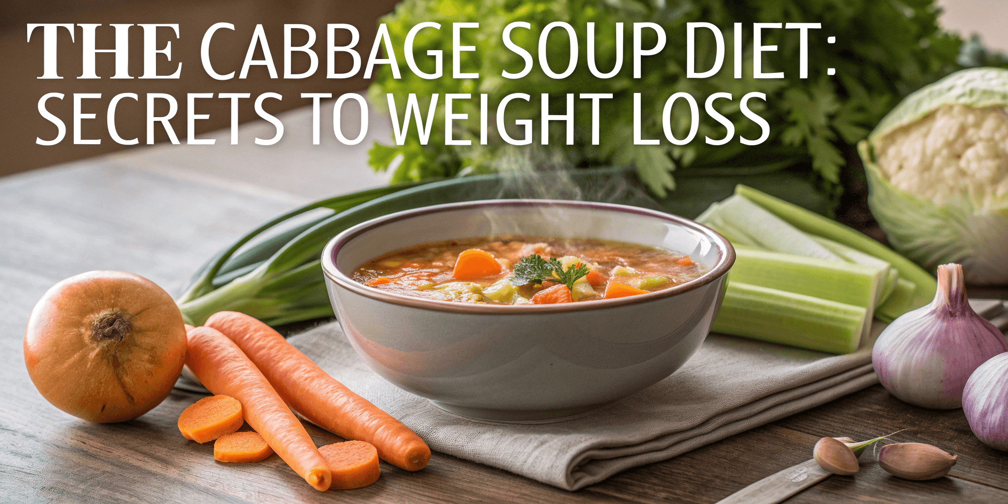 A bowl of cabbage soup surrounded by fresh vegetables, illustrating the concept of the cabbage soup diet for weight loss.