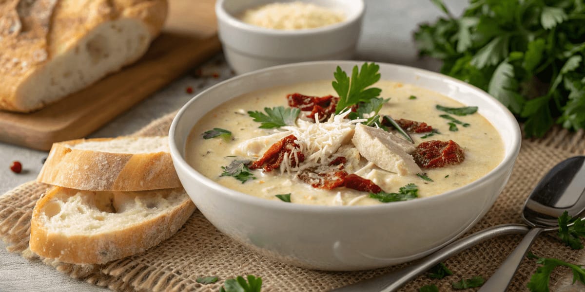 A bowl of creamy Marry Me Chicken Soup garnished with parsley and sun-dried tomatoes, served alongside crusty bread.