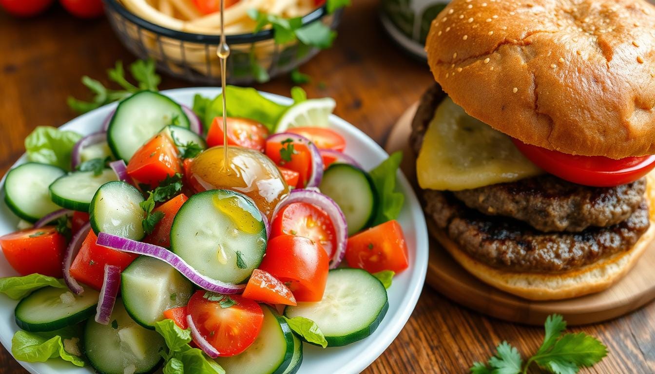 A juicy hamburger topped with a refreshing cucumber salad featuring thinly sliced cucumbers, onions, and herbs, served on a toasted bun.