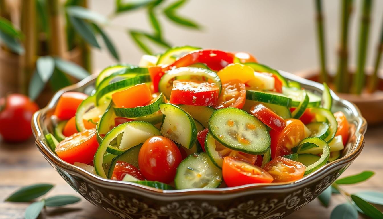 Fresh cucumber salad tossed with rice wine vinaigrette, garnished with sesame seeds and fresh herbs in a white bowl.