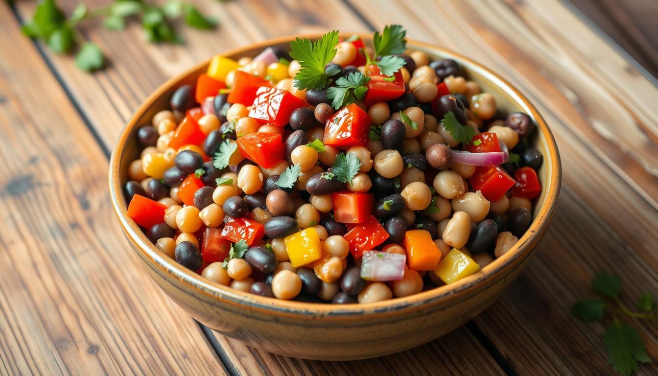 A vibrant and colorful dense bean salad with mixed beans, fresh vegetables, and a light dressing, served in a rustic bowl.