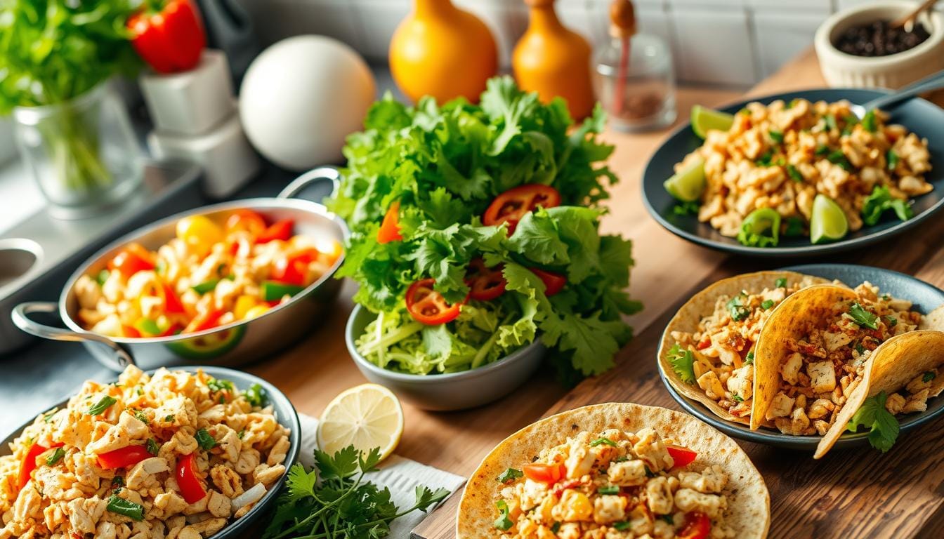 A colorful plate of diced chicken dishes featuring stir-fry, curry, and quinoa, garnished with fresh herbs and vegetables.