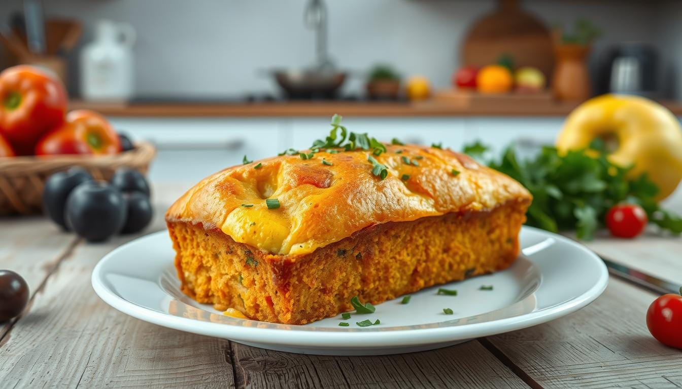 A freshly baked vegan egg loaf sliced and served on a rustic wooden board, garnished with fresh herbs and surrounded by colorful vegetables.