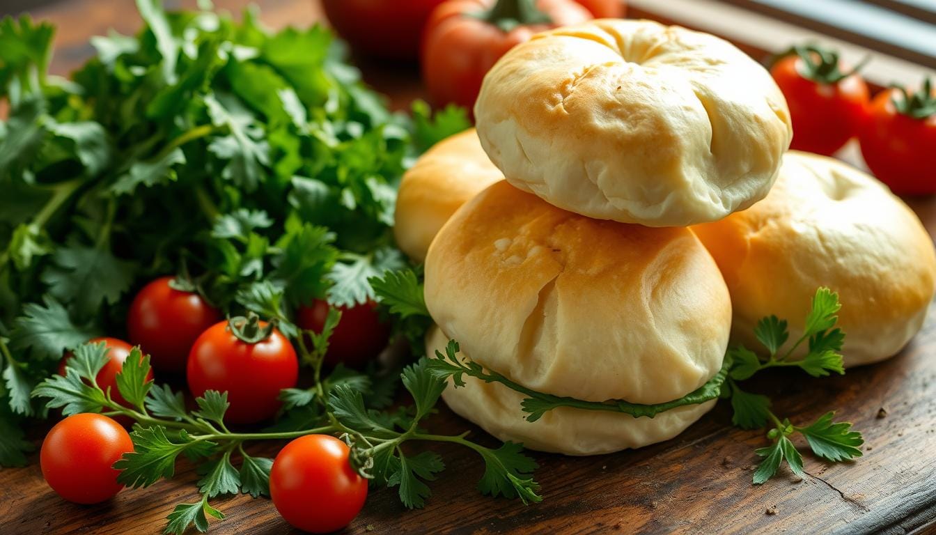 A stack of golden-brown egg white burger buns with a light and fluffy interior, displayed on a wooden board.