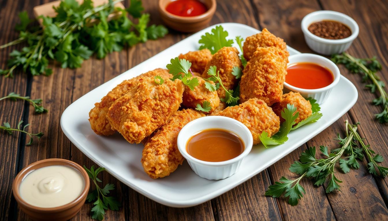 Golden-brown fried chicken pieces served on a wooden plate with dipping sauce and fresh herbs, prepared without buttermilk.