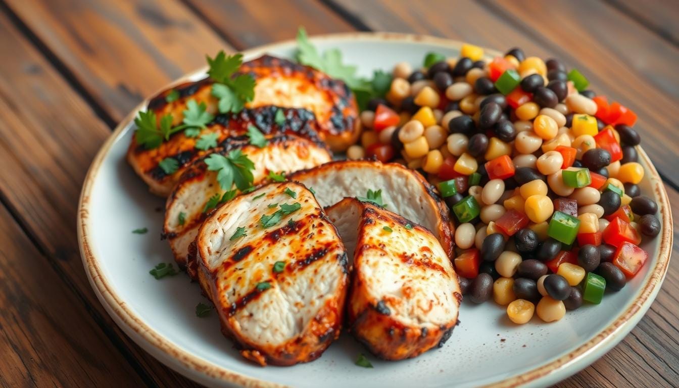 A vibrant grilled chipotle chicken and corn dense bean salad with fresh vegetables, smoky chicken slices, and a creamy dressing drizzle.