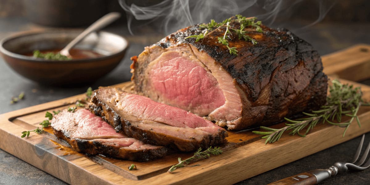 Perfectly grilled prime rib roast with a golden crust and juicy interior, garnished with fresh rosemary and served on a wooden cutting board.