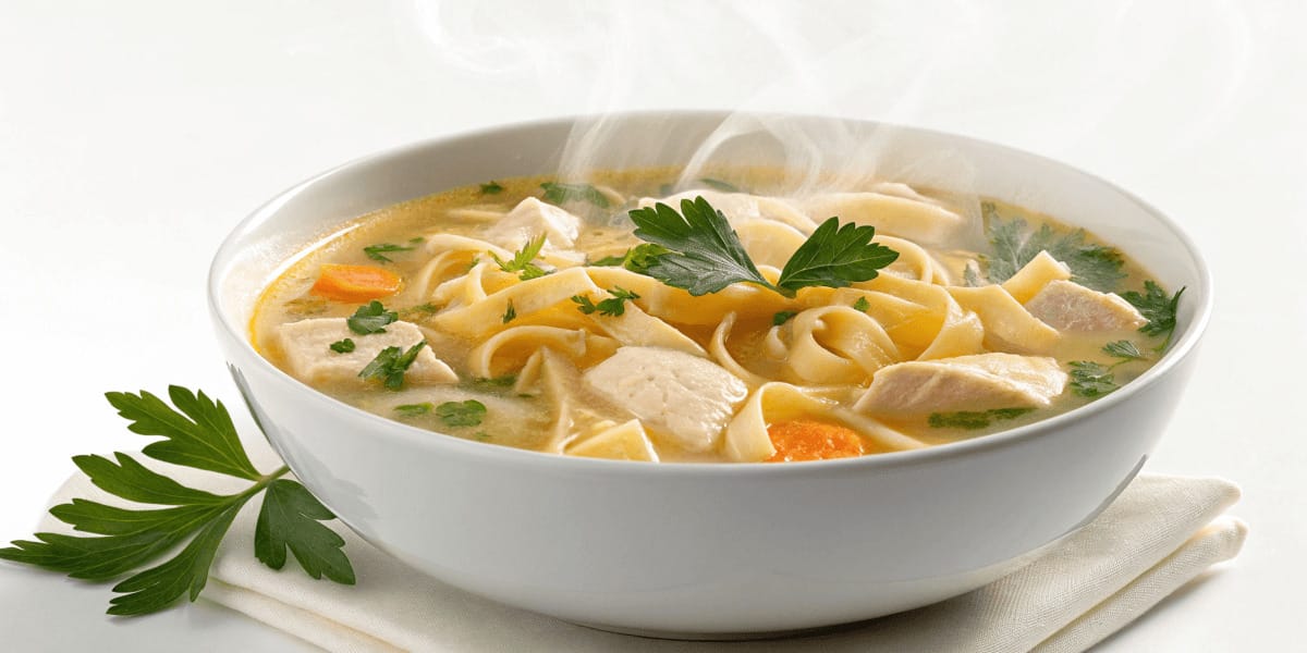 A steaming bowl of Lipton Chicken Noodle Soup with fresh vegetables and parsley garnish.