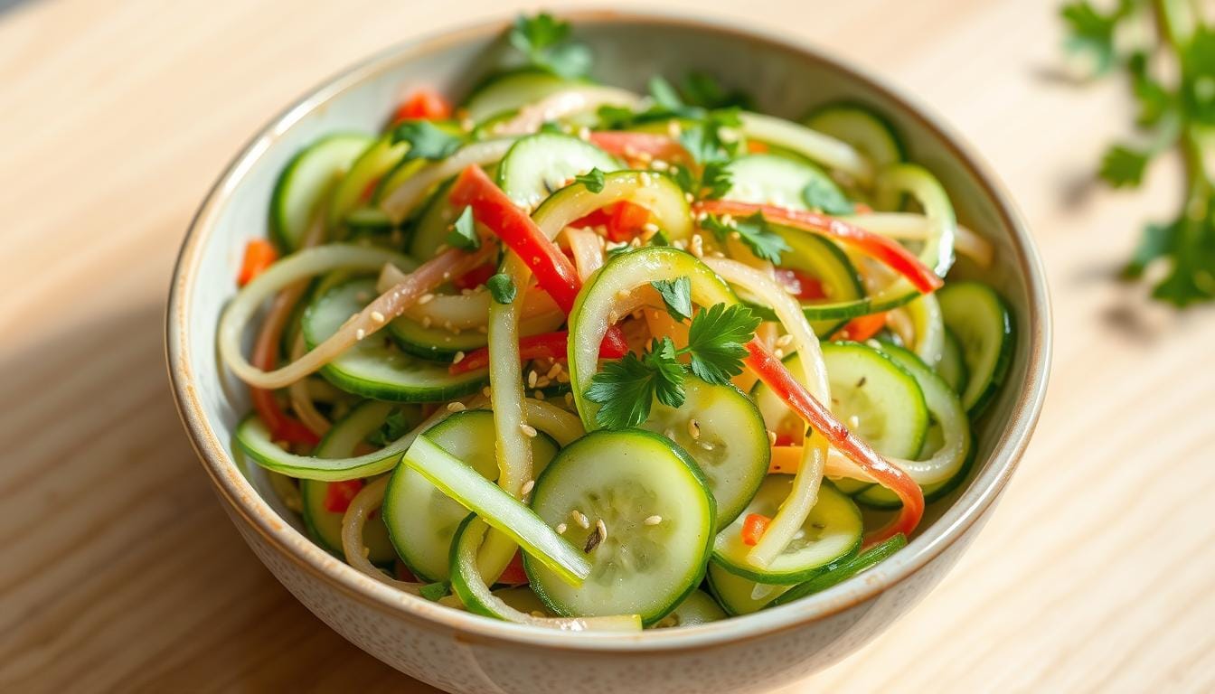 A vibrant bowl of Logan's Japanese cucumber salad garnished with sesame seeds and served with chopsticks.