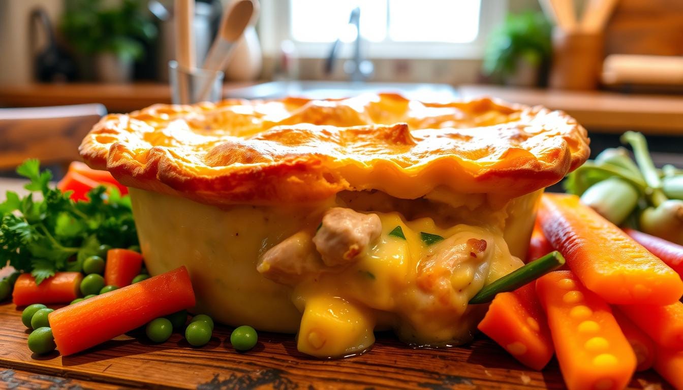 A golden, flaky Pillsbury chicken pot pie fresh out of the oven, with steam rising and a slice cut to reveal a creamy chicken and vegetable filling.