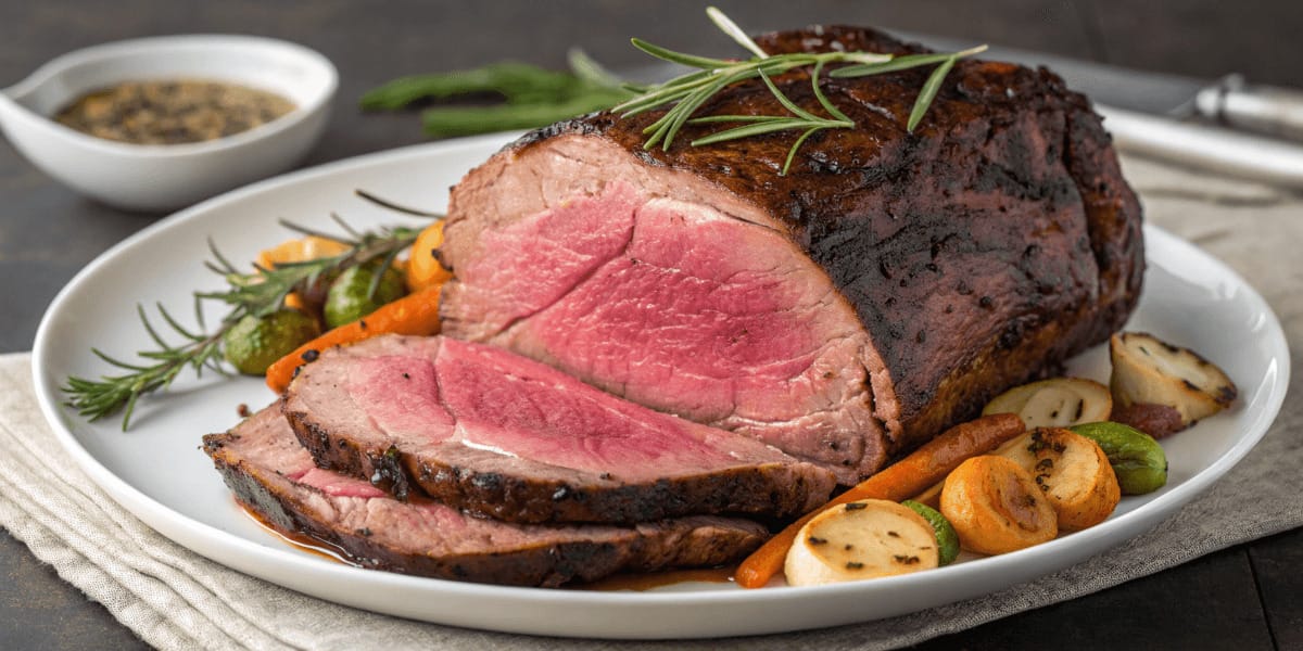 Perfectly cooked prime rib roast sous vide with a golden crust, sliced to reveal a juicy medium-rare interior, garnished with rosemary.