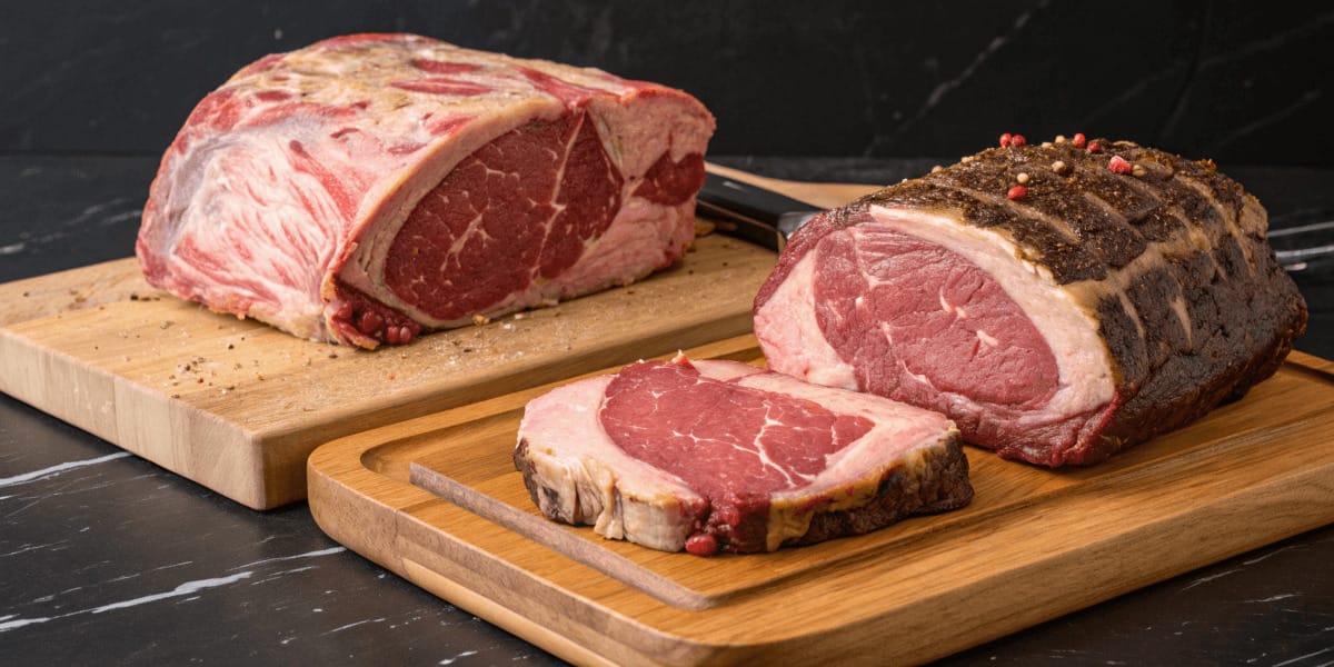 Close-up of a roasted prime rib and ribeye roast side by side on a cutting board, garnished with rosemary and thyme.