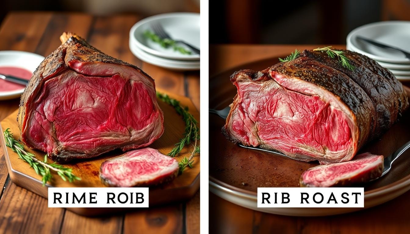 A side-by-side comparison of rib roast and prime rib on a cutting board, showcasing their differences in appearance and texture.