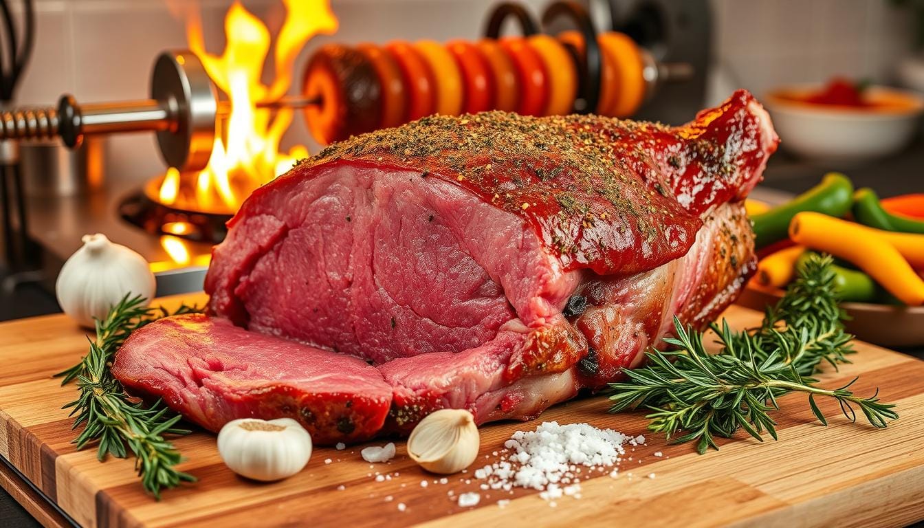 Juicy rotisserie prime rib roast with a perfectly browned crust and garnished with fresh herbs.