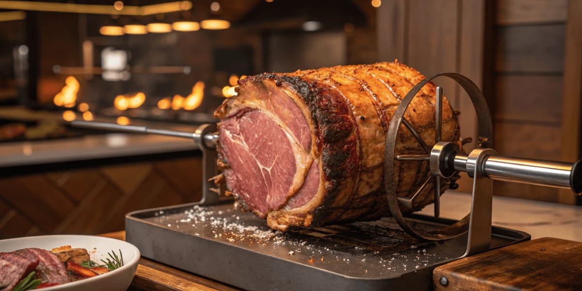 A golden-brown rotisserie prime rib roast cooking over an open flame, with a perfectly crisp crust and tender interior.