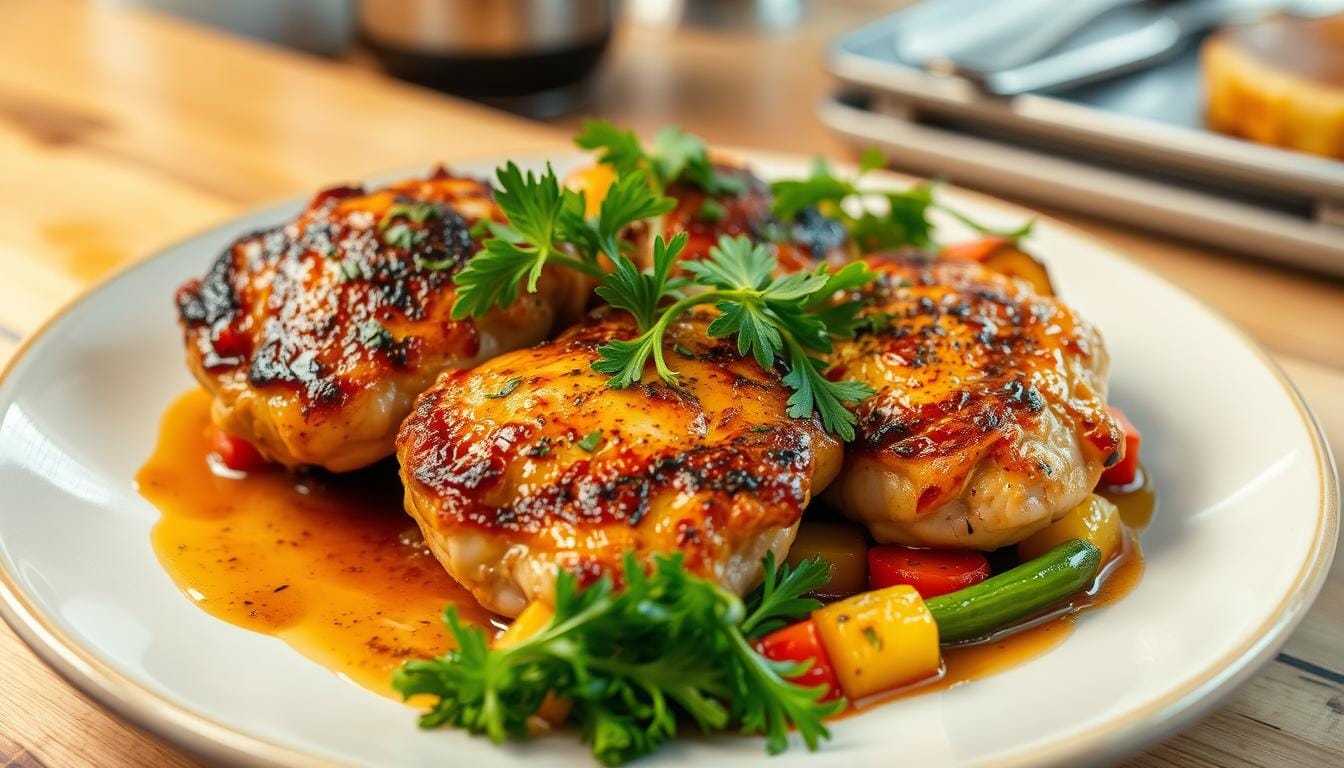 Golden-brown seared chicken thighs in a cast-iron skillet, garnished with fresh herbs, showcasing crispy skin and juicy texture. Golden-brown seared chicken thighs in a cast-iron skillet, garnished with fresh herbs, showcasing crispy skin and juicy texture.