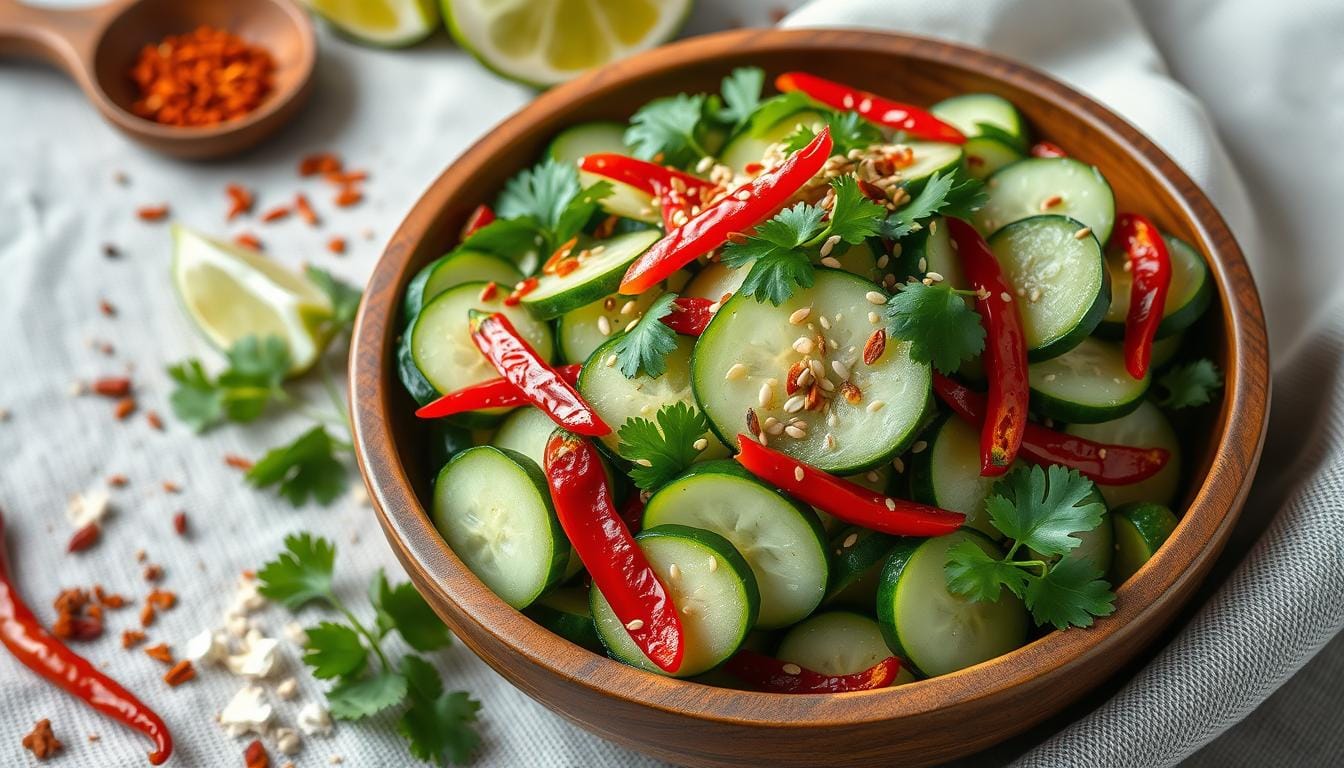 A vibrant bowl of spicy cucumber salad garnished with sesame seeds, green onions, and a drizzle of chili oil, served on a rustic wooden table.