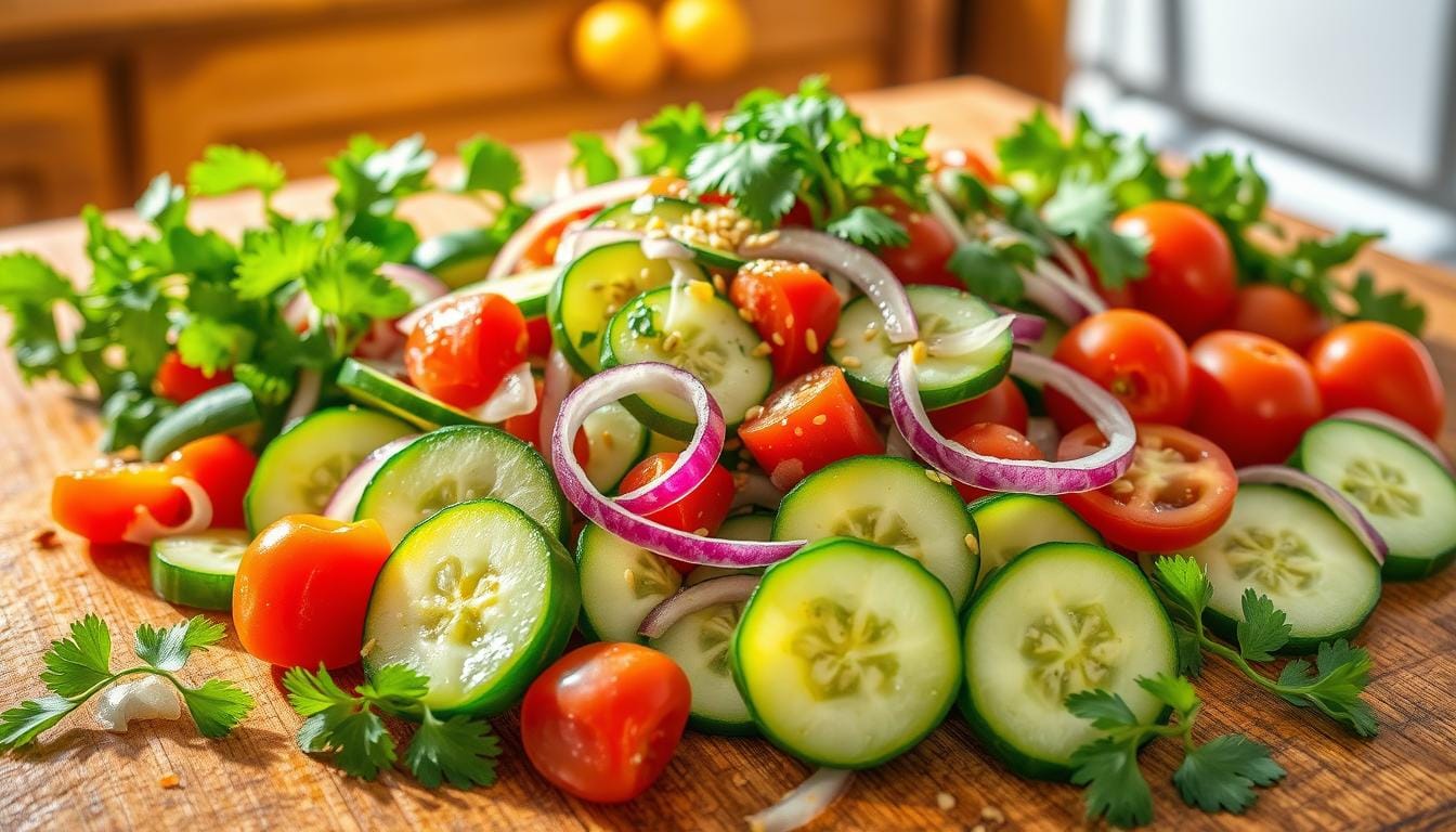 A bowl of TikTok cucumber salad featuring thinly sliced cucumbers, soy dressing, sesame seeds, and chili flakes.