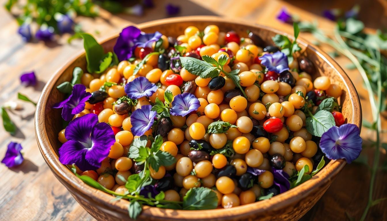 A colorful Violet Witchel Dense Bean Salad featuring a mix of beans, fresh vegetables, and herbs in a vibrant bowl.