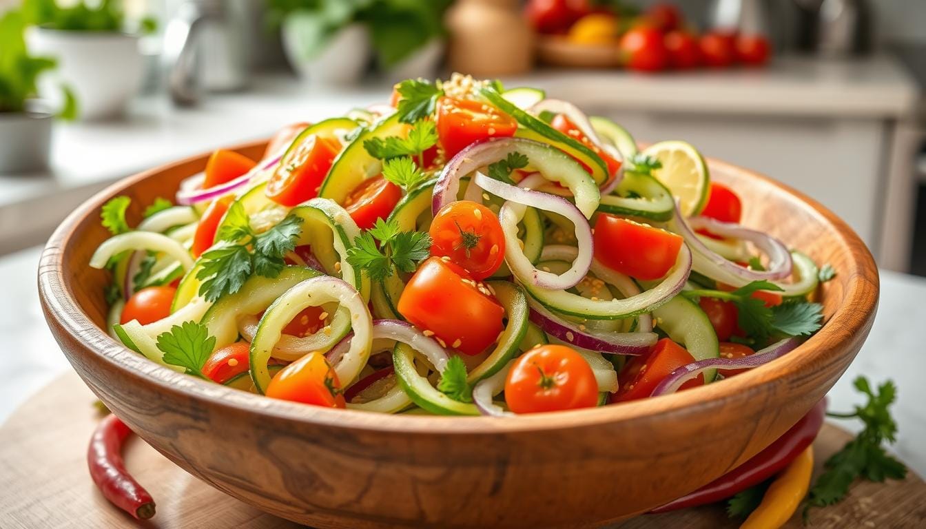 A bowl of vibrant cucumber salad with thinly sliced cucumbers, red onions, smoked salmon, and a sprinkle of everything bagel seasoning.