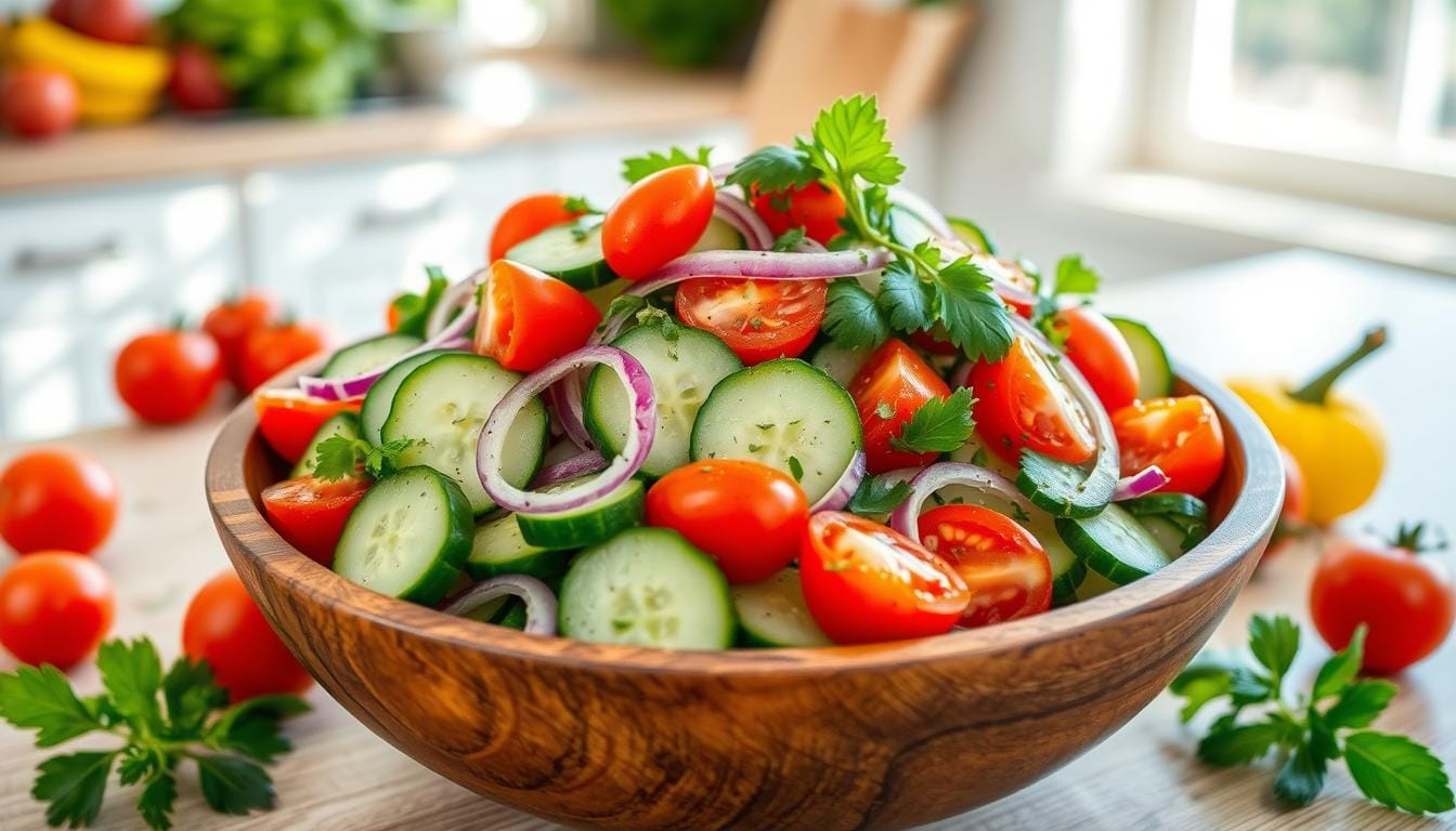 A bowl of viral cucumber salad with thinly sliced cucumbers, sesame seeds, and a savory soy dressing, inspired by the TikTok trend.