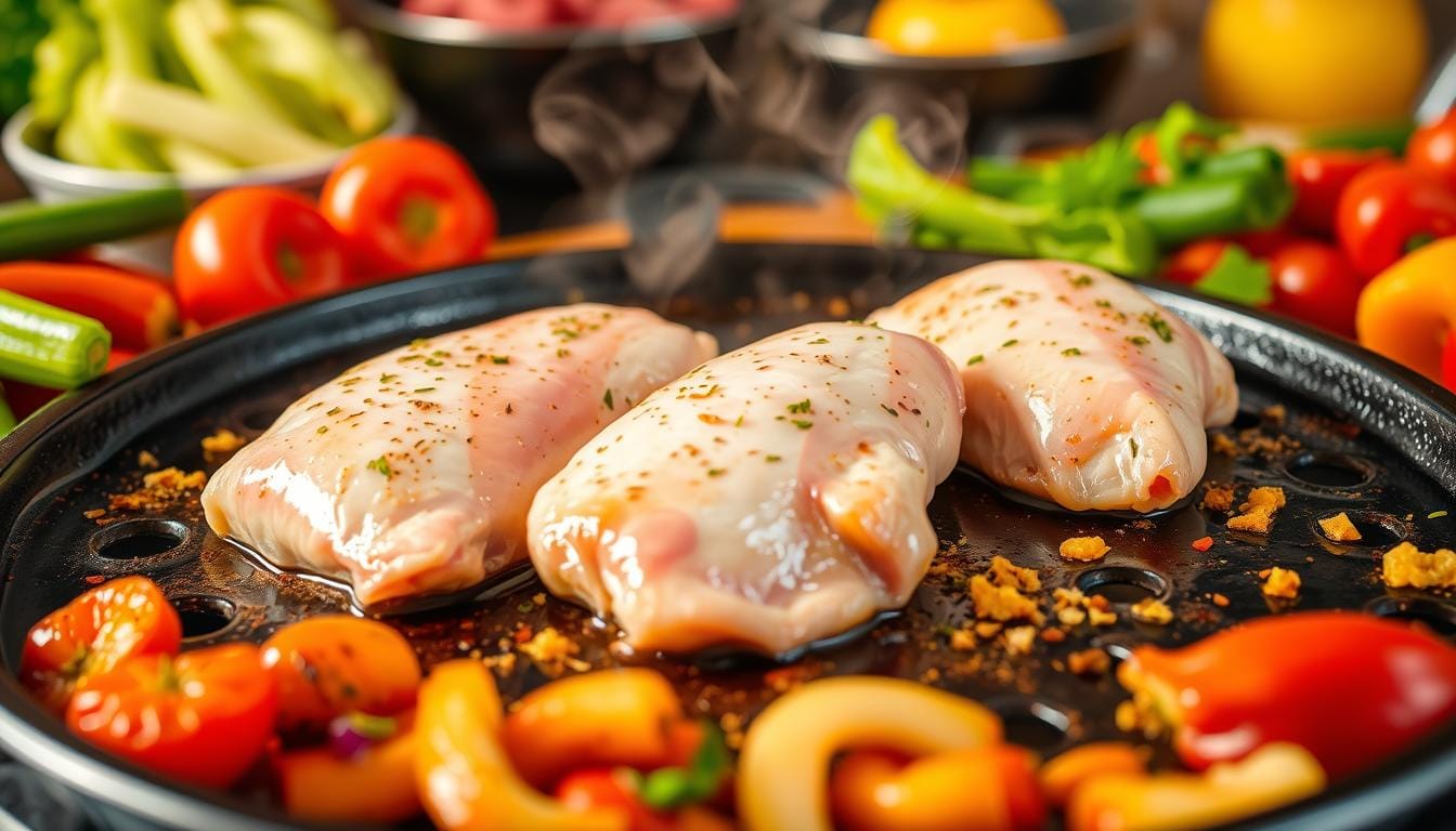 Raw chicken breast being cooked on a griddle with a golden-brown sear.