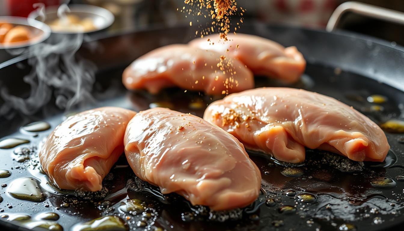 A close-up of raw chicken being cooked on a preheated griddle with visible sear marks and steam rising.