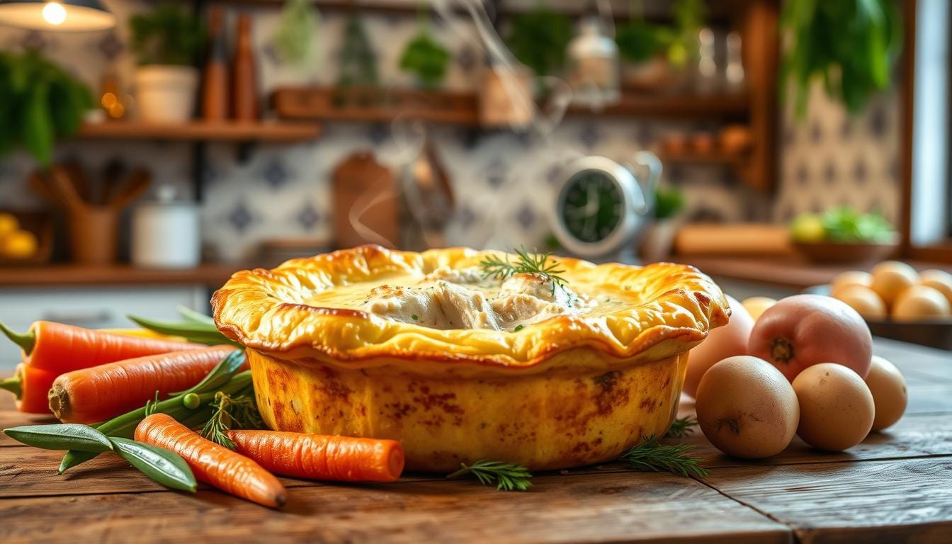 Golden, flaky chicken pot pie fresh out of the oven, served on a rustic table, showcasing its creamy chicken and vegetable filling.