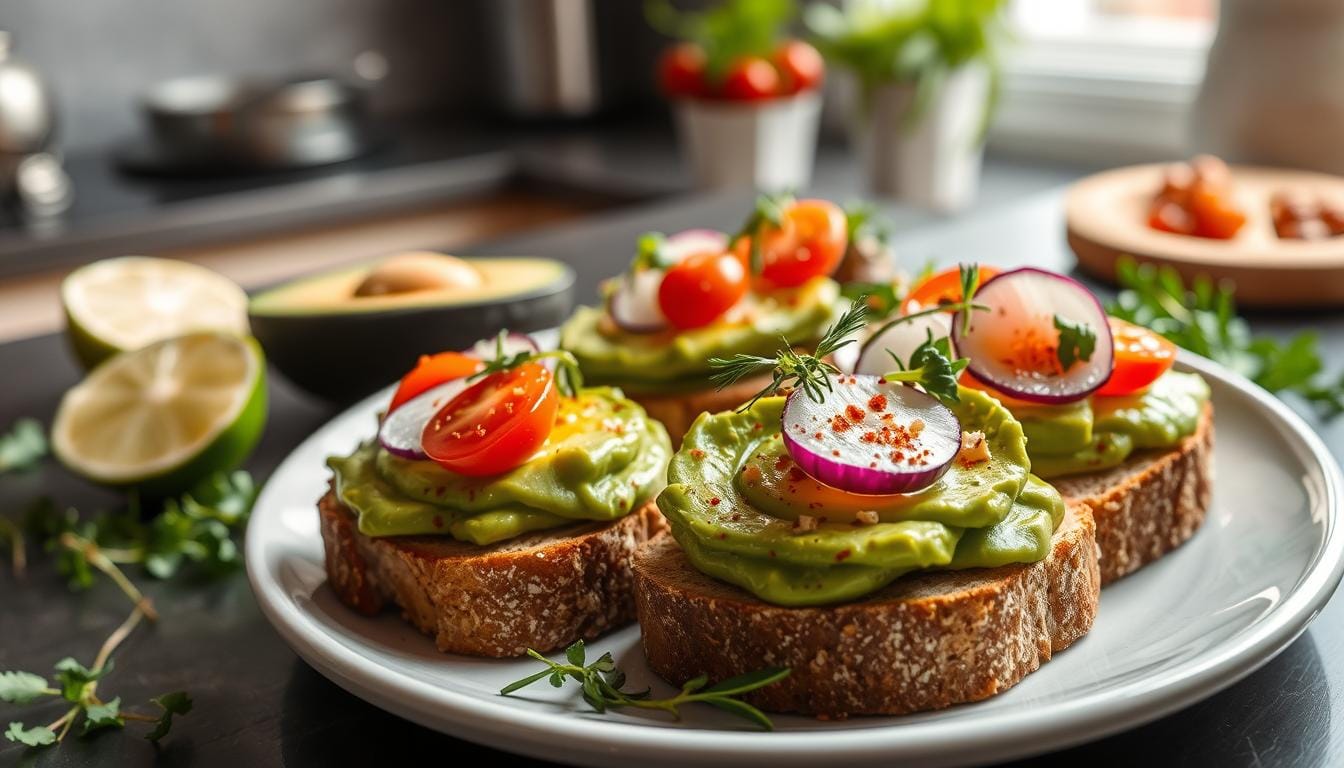 Step-by-step preparation of Kylie Jenner's avocado toast with sourdough bread, mashed avocado, honey drizzle, red pepper flakes, and salt.