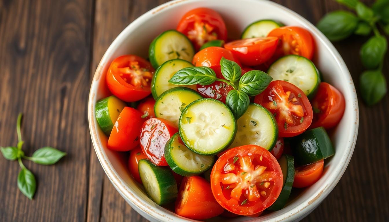 A vibrant bowl of Valerie Bertinelli's tomato cucumber salad with fresh cilantro and cumin vinaigrette, beautifully presented on a rustic table.