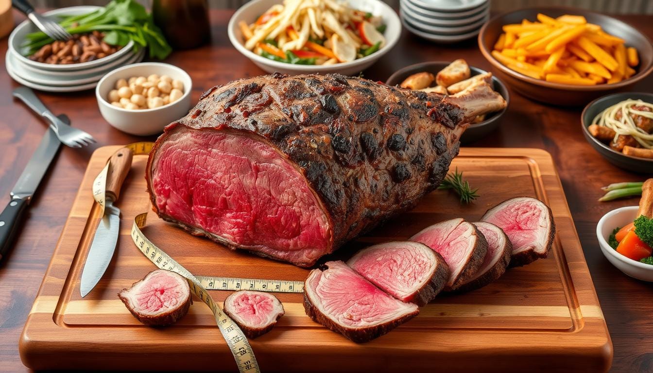 A perfectly roasted 5 lb prime rib on a wooden cutting board, sliced to show the juicy interior, garnished with herbs.