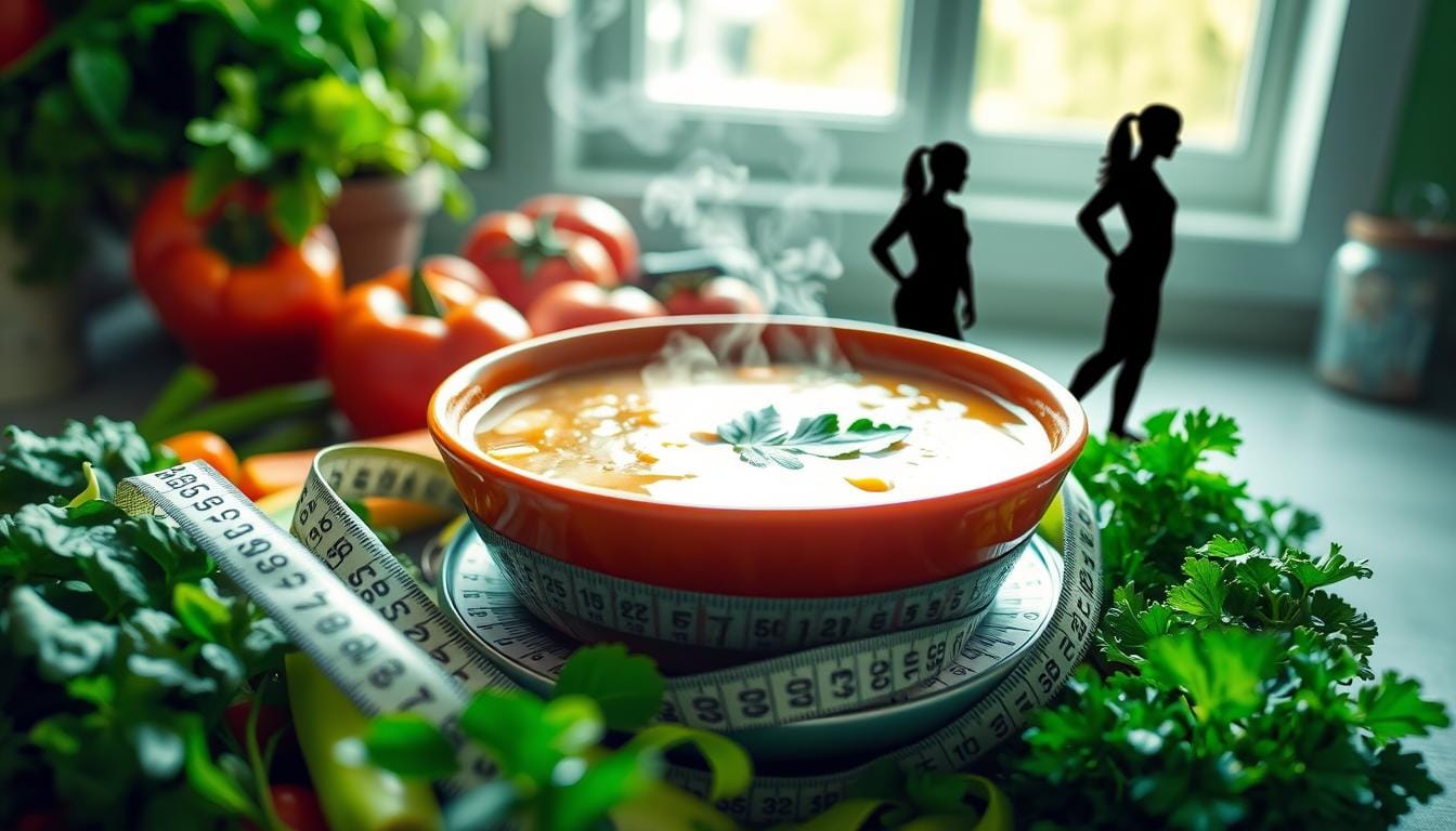 Bowl of cabbage soup with fresh vegetables and a measuring tape on a table, symbolizing weight loss on the cabbage soup diet.