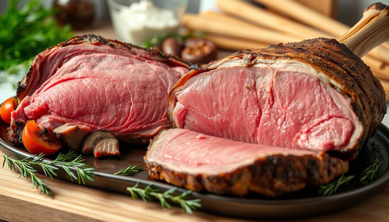 Side-by-side comparison of a rib roast and a prime rib, showcasing the differences in cut, marbling, and preparation.