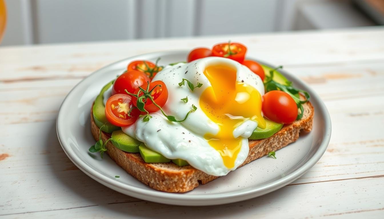 A close-up of avocado and egg toast on whole grain bread, garnished with cherry tomatoes and spinach, on a wooden table.