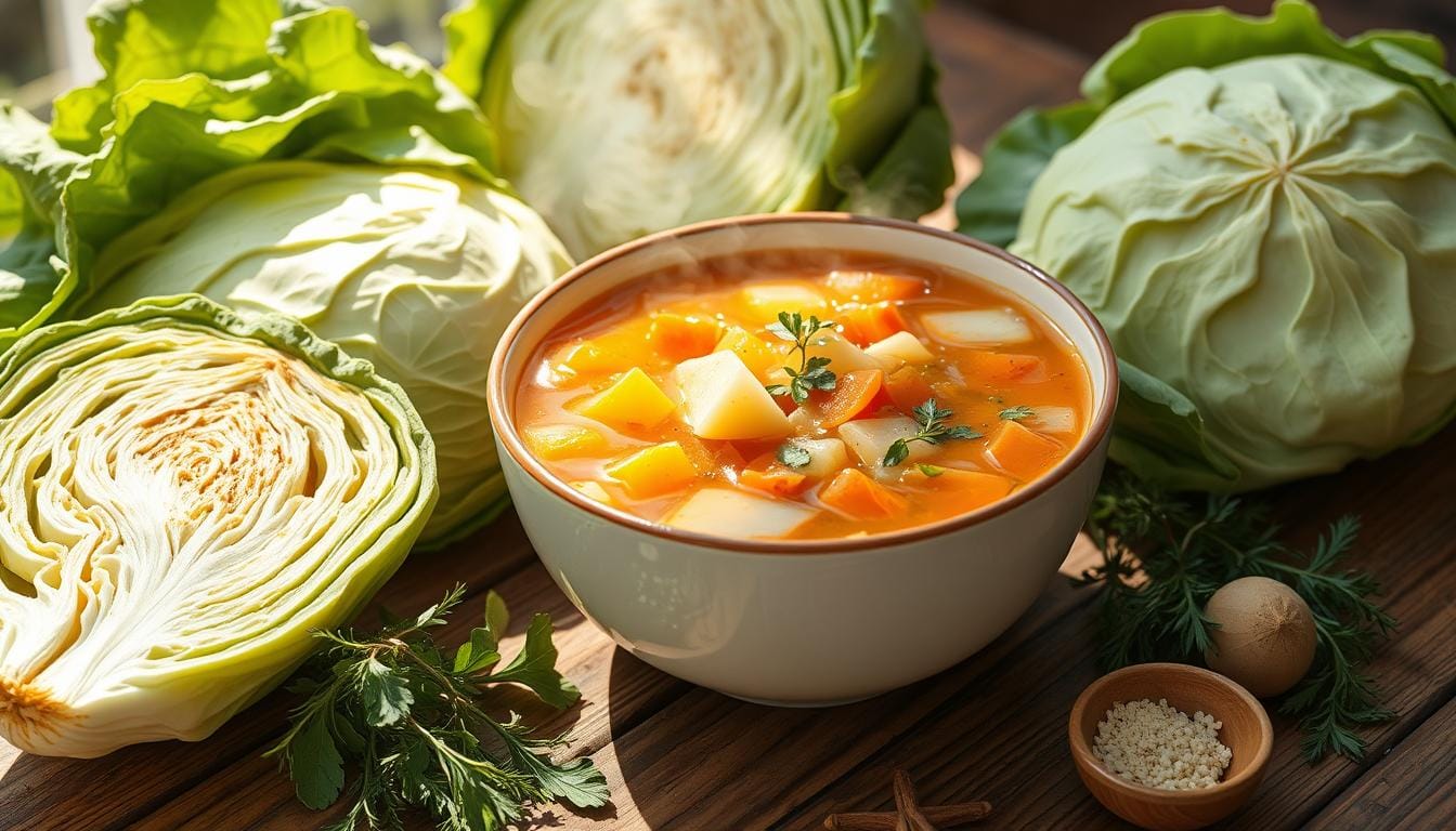 A bowl of cabbage soup with fresh herbs and vegetables, showcasing its potential benefits for high blood pressure management.