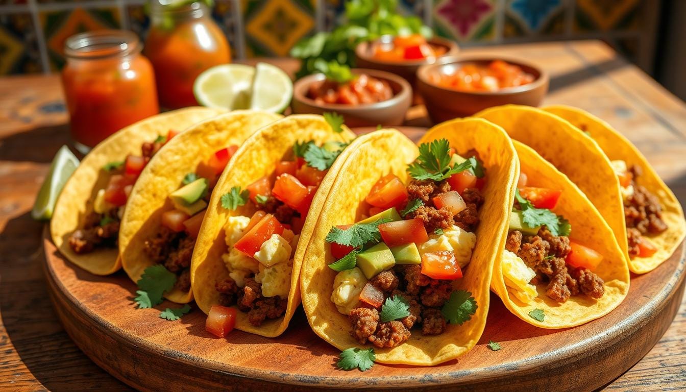 Mexican breakfast tacos with scrambled eggs, chorizo, fresh salsa, and cilantro served on a warm tortilla.