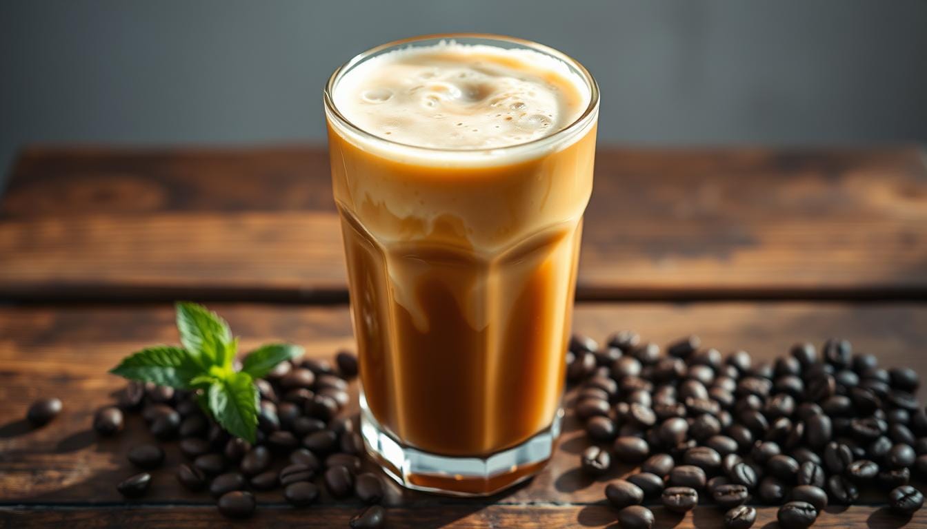 A glass of nitro cold brew coffee with a creamy frothy top, showcasing cascading nitrogen bubbles, set on a wooden café table.