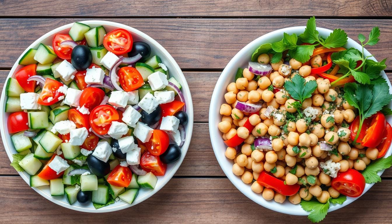 Close-up of a Greek salad with feta cheese and olives next to a Mediterranean salad with mixed greens and chickpeas, showcasing the differences.