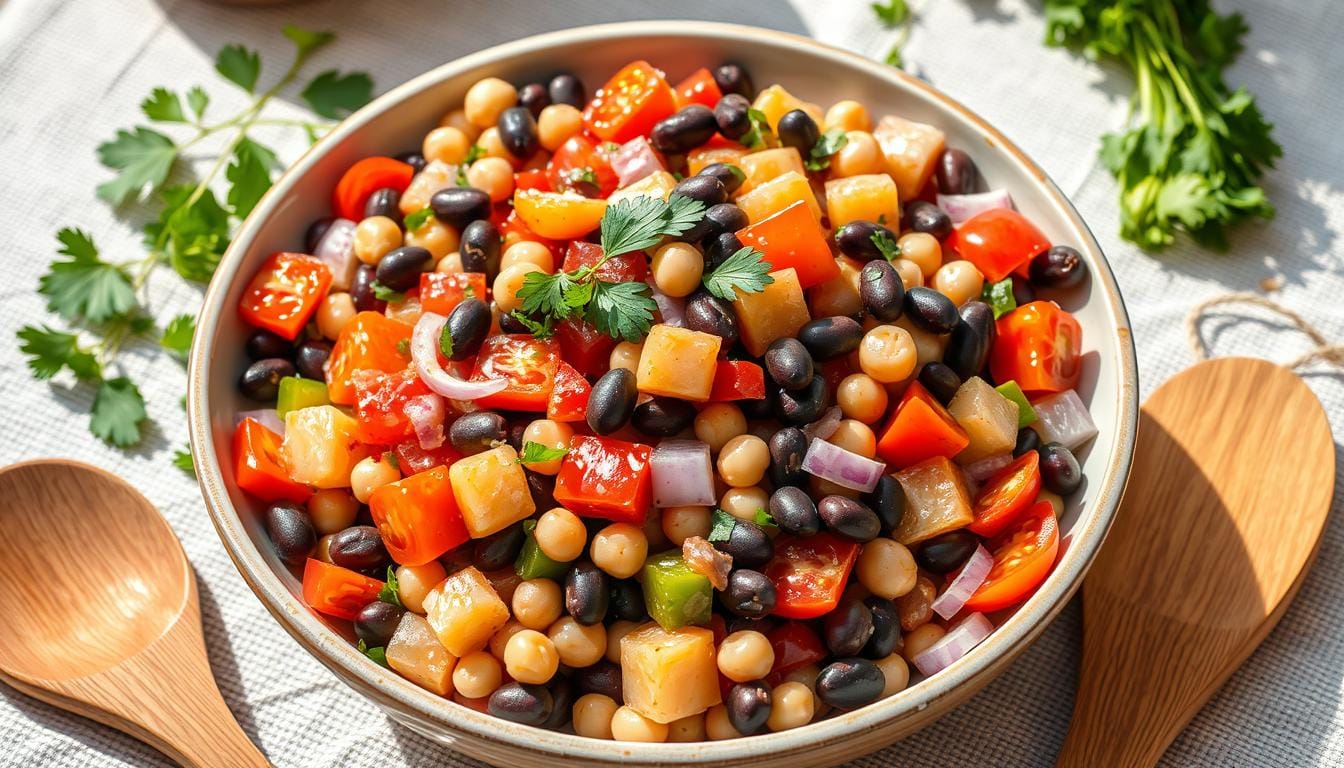 A colorful bowl of bean salad featuring kidney beans, chickpeas, green beans, and fresh vegetables, garnished with herbs.