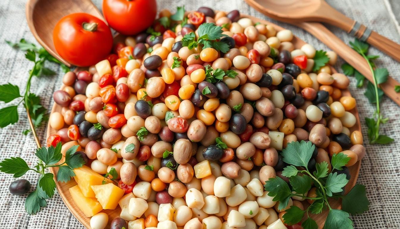 A colorful dense bean salad with a mix of kidney beans, chickpeas, black beans, fresh vegetables, and herbs, served in a rustic bowl.