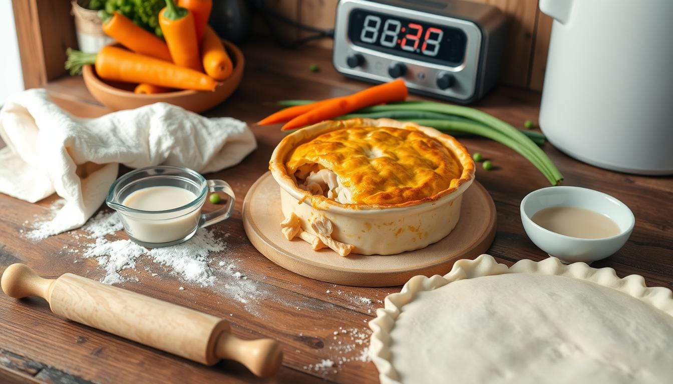 A close-up of a freshly baked chicken pot pie with a soupy filling spilling out of the crust.