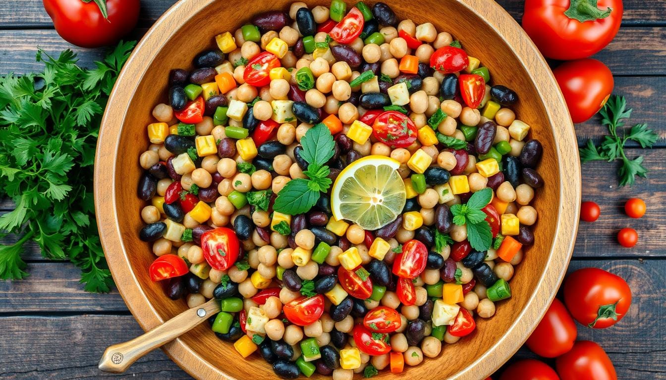 A vibrant bowl of dense bean salad with colorful beans, fresh vegetables, and herbs, showcasing a healthy and nutritious meal option.