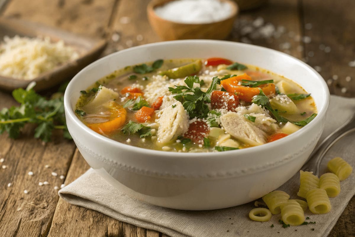 Steaming bowl of delicious Italian chicken soup with tender chicken, fresh vegetables, pasta, and herbs, served in a rustic setting.